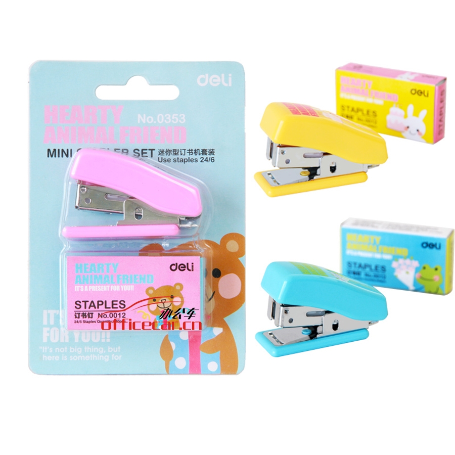 得力 Deli 0353 12#（用統(tǒng)一釘）多彩迷你型套裝訂書機(jī) 卡式 顏色隨機(jī)